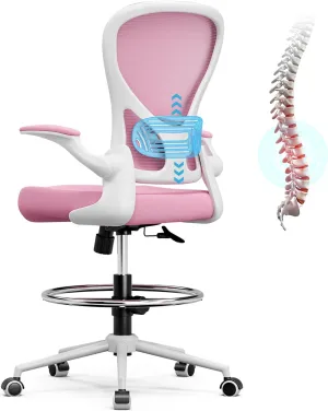 Frylr Office Drafting-Chairs Adjustable Height - Extended Height Office Chairs with Ergonomic Lumbar Support, Tall Desk Chair for Standing Desk, Counter Height Chair, Pink