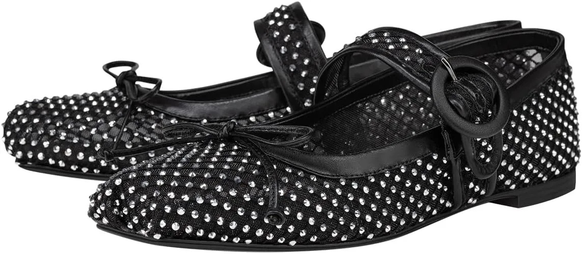 FSJ Women Rhinestones Mesh Ballet Flats, Sparkly Square Toe Crystal Embellished Bowtie Mary Jane with Buckled Strap, Comfy Studded Ballerina Shoes Size 4-15 US