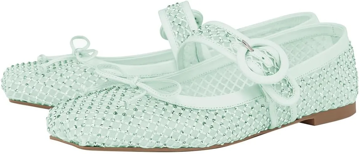 FSJ Women Rhinestones Mesh Ballet Flats, Sparkly Square Toe Crystal Embellished Bowtie Mary Jane with Buckled Strap, Comfy Studded Ballerina Shoes Size 4-15 US