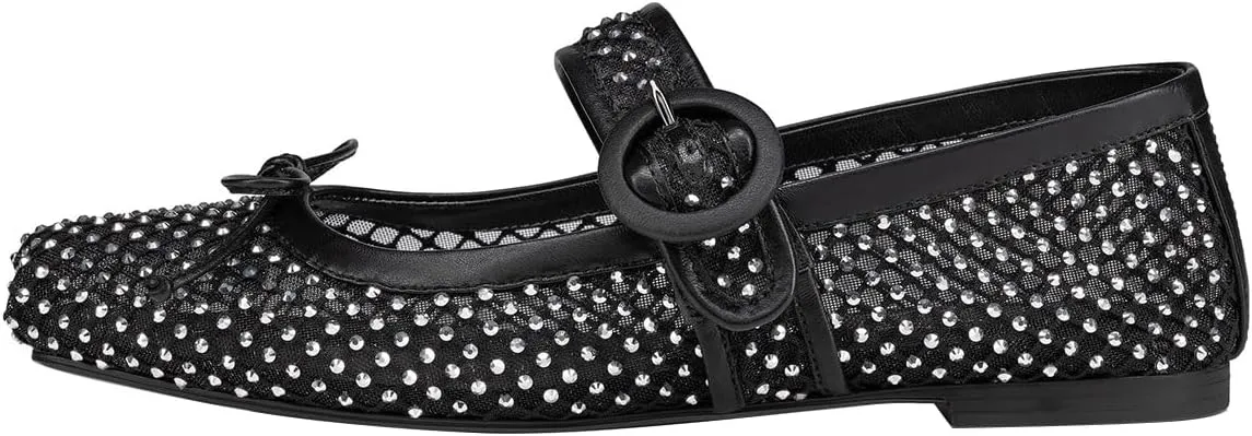 FSJ Women Rhinestones Mesh Ballet Flats, Sparkly Square Toe Crystal Embellished Bowtie Mary Jane with Buckled Strap, Comfy Studded Ballerina Shoes Size 4-15 US