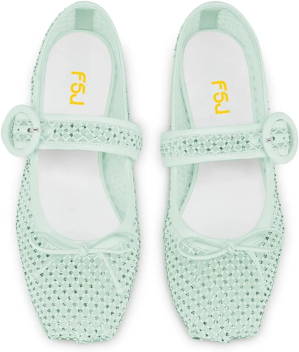 FSJ Women Rhinestones Mesh Ballet Flats, Sparkly Square Toe Crystal Embellished Bowtie Mary Jane with Buckled Strap, Comfy Studded Ballerina Shoes Size 4-15 US