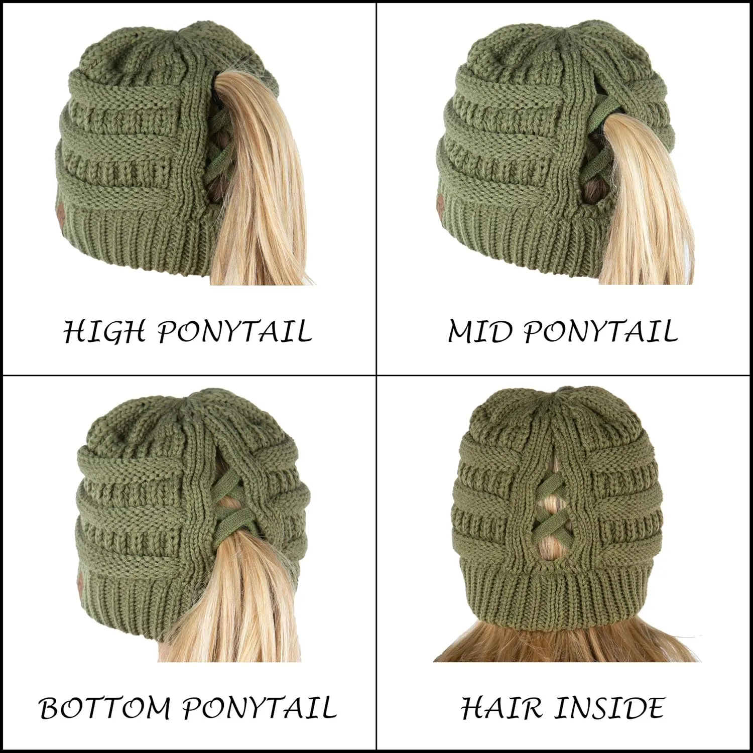 Funky Junque Beanie for Women Winter Hats Ponytail Hole Criss Cross Hat Messy Bun High Ponytail Knit Cap Runners Gifts