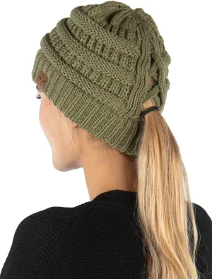 Funky Junque Beanie for Women Winter Hats Ponytail Hole Criss Cross Hat Messy Bun High Ponytail Knit Cap Runners Gifts