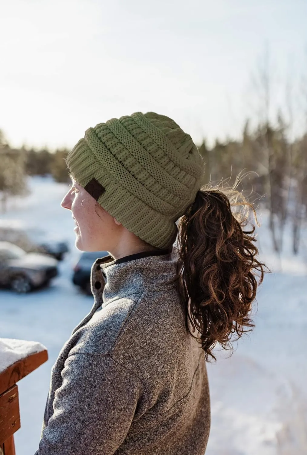 Funky Junque Beanie for Women Winter Hats Ponytail Hole Criss Cross Hat Messy Bun High Ponytail Knit Cap Runners Gifts