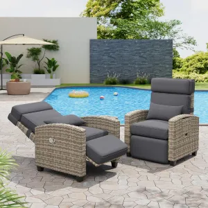 GAOMON Outdoor Recliner Chair, Reclining Patio Chairs with Adjustable Backrest and Footrest, Rattan Recliner Chairs up to 150°Lay Flat, Wicker Chair with Flip-Up Table and Removable Cushion, 1PCS