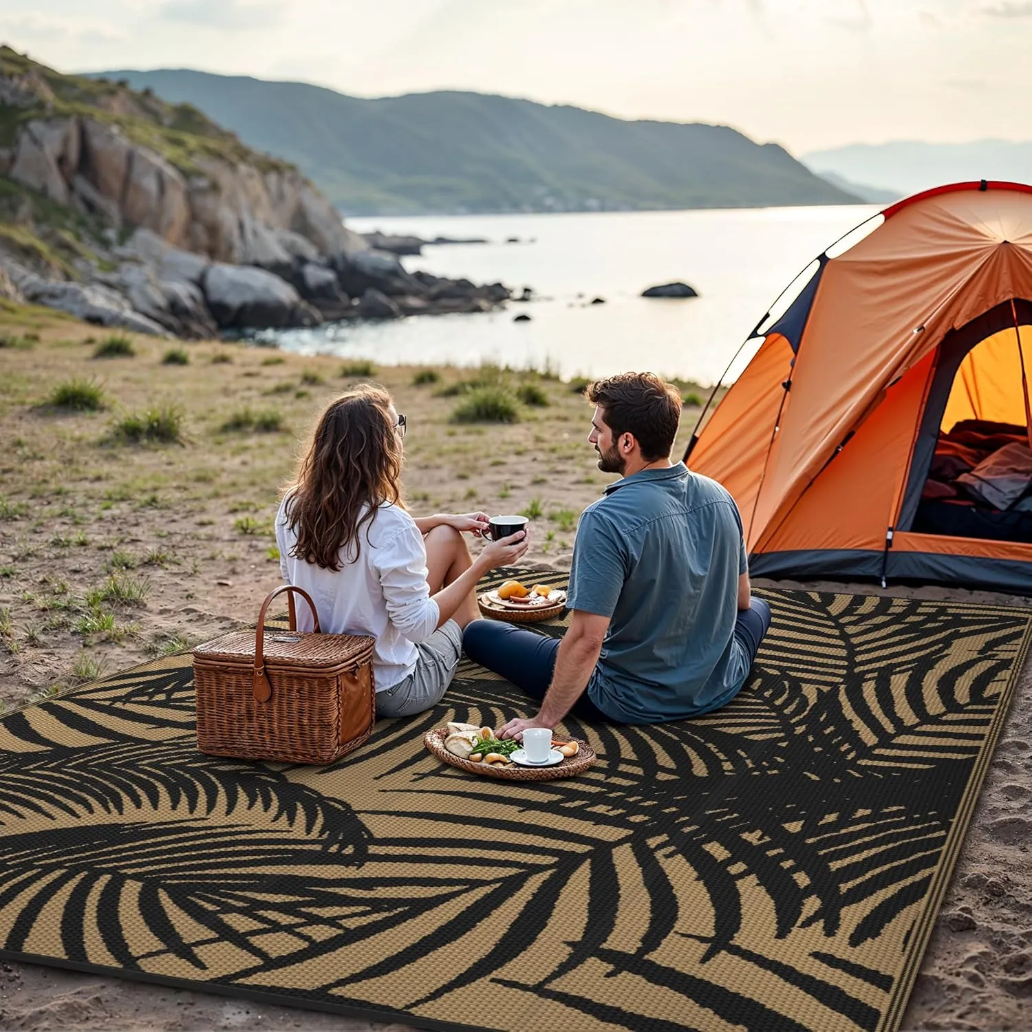 GENIMO Outdoor Rug 6' x 9' Waterproof for Patio Clearance, Reversible Plastic Straw Camping Carpet, Lightweight Mats for Rv, Backyard, Deck, Porch, Picnic, Beach, Balcony, Black & Brown