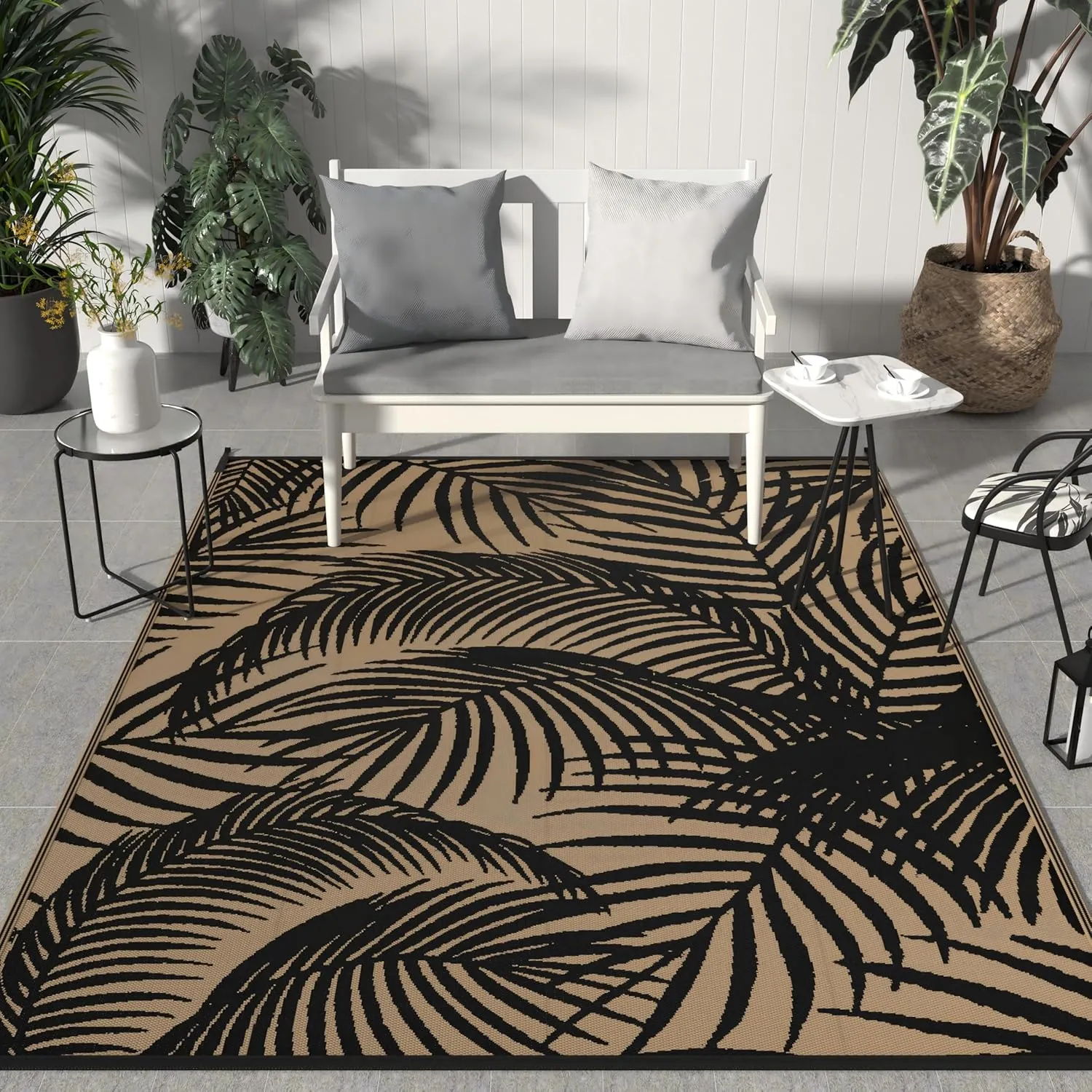 GENIMO Outdoor Rug 6' x 9' Waterproof for Patio Clearance, Reversible Plastic Straw Camping Carpet, Lightweight Mats for Rv, Backyard, Deck, Porch, Picnic, Beach, Balcony, Black & Brown