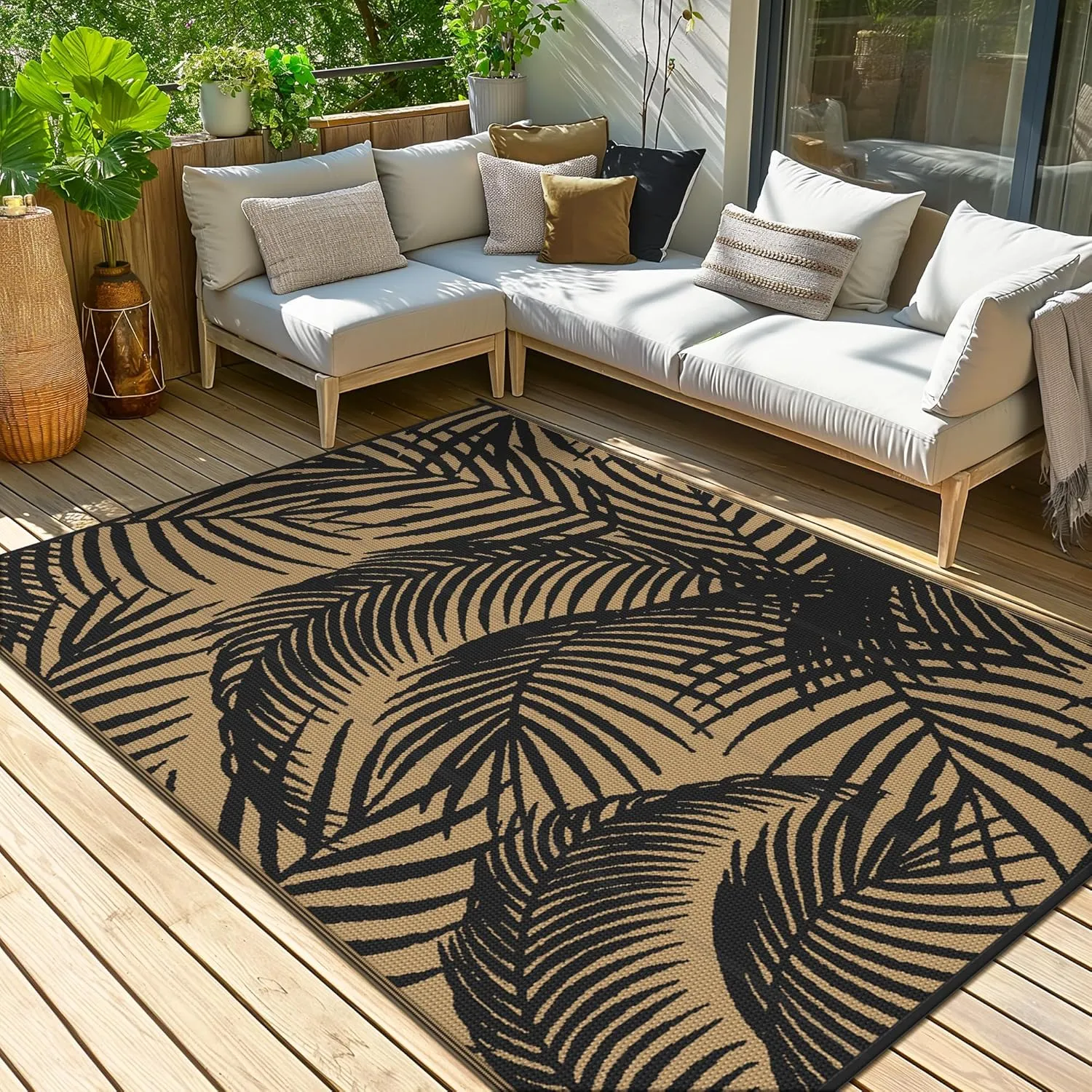 GENIMO Outdoor Rug 6' x 9' Waterproof for Patio Clearance, Reversible Plastic Straw Camping Carpet, Lightweight Mats for Rv, Backyard, Deck, Porch, Picnic, Beach, Balcony, Black & Brown