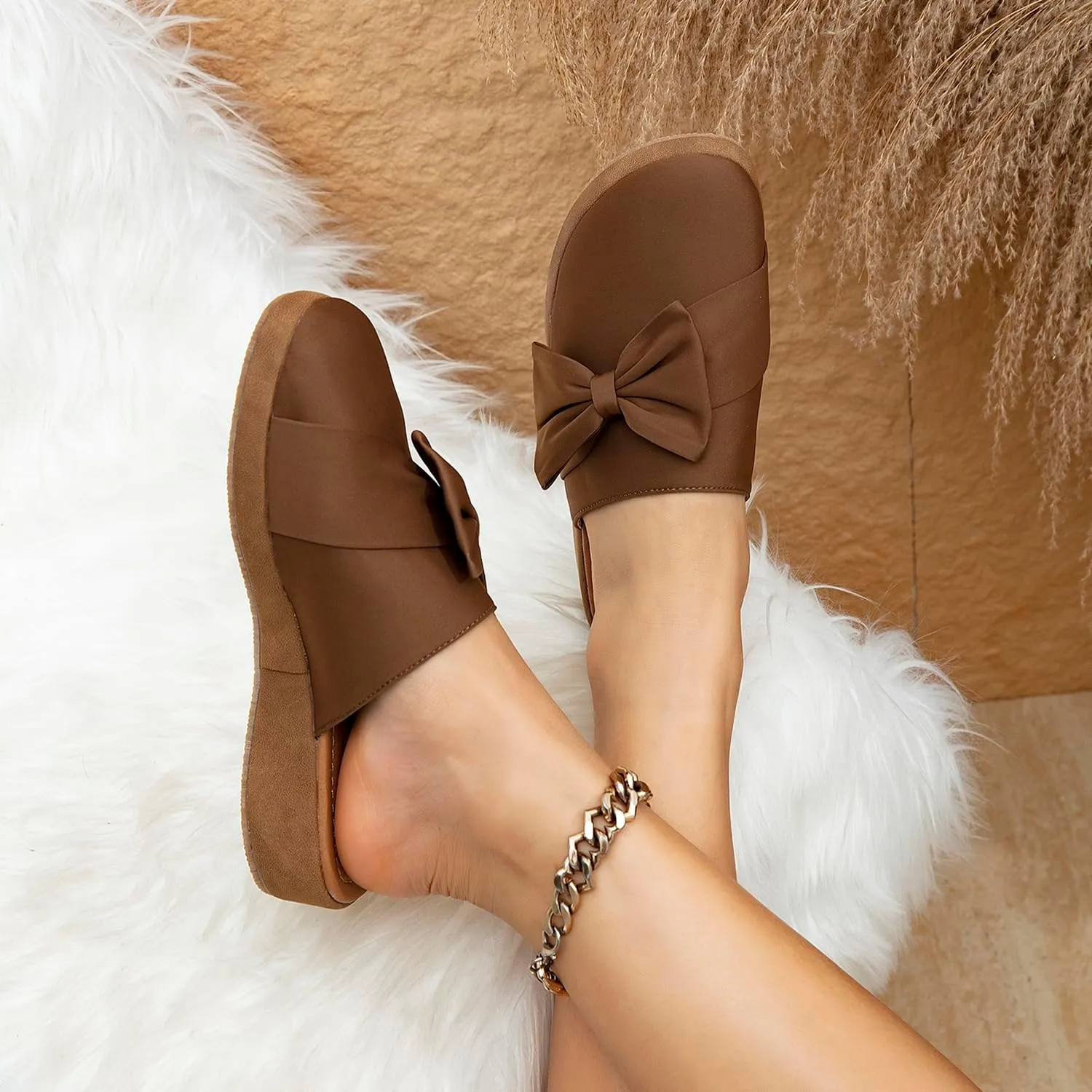 getmorebeauty Women's Cute Bow Mules Platform Clogs Closed Toe Slip-on Wedge Slides Sandals Summer Shoes