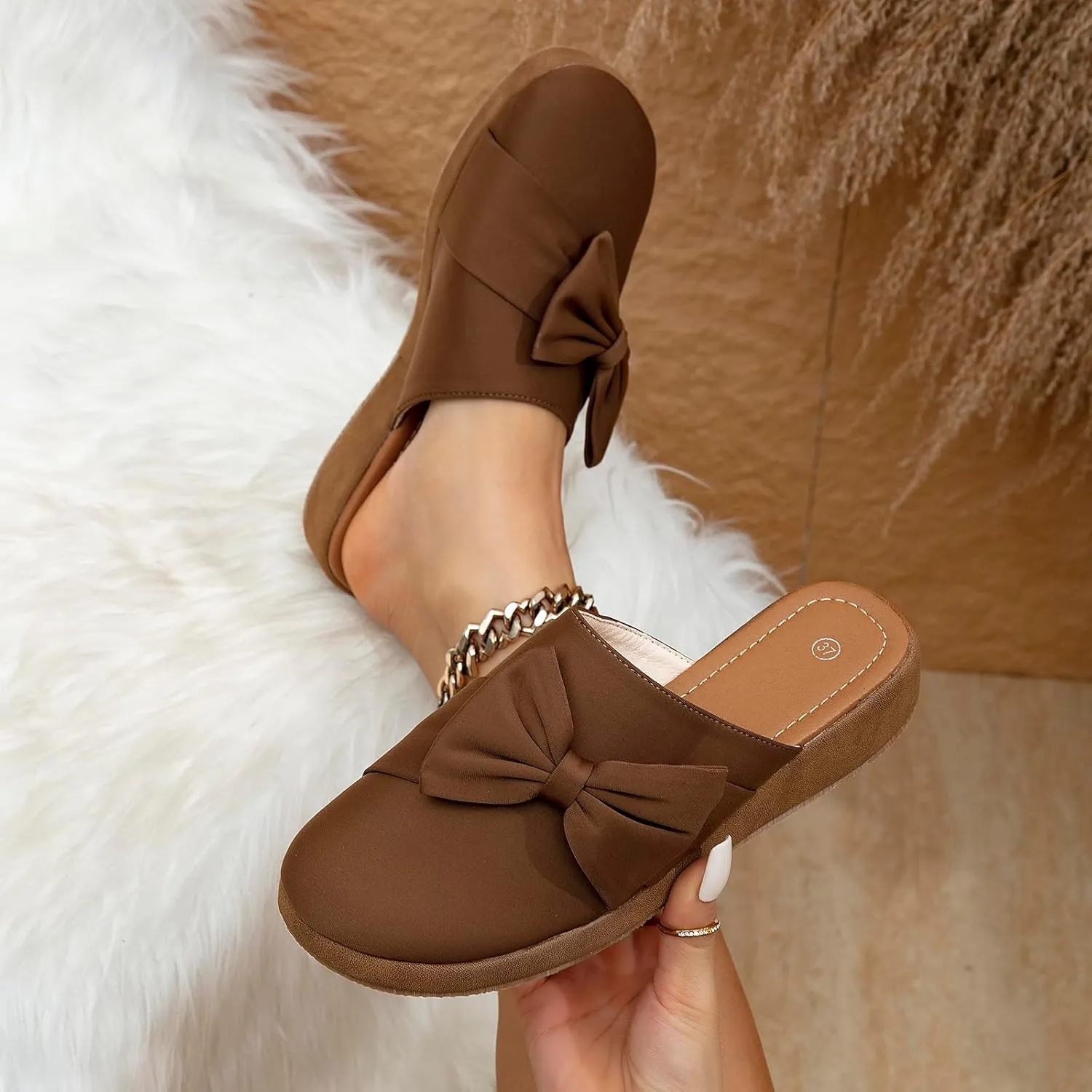 getmorebeauty Women's Cute Bow Mules Platform Clogs Closed Toe Slip-on Wedge Slides Sandals Summer Shoes