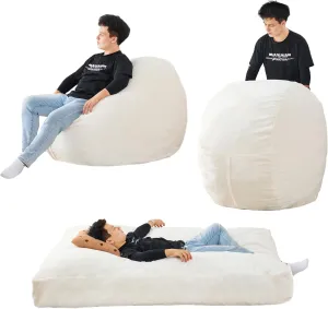 Giant Bean Bag Chair Bed for Cozy Comfort, Convertible from Chair to Floor Mattress, Large Soft Sofa, White