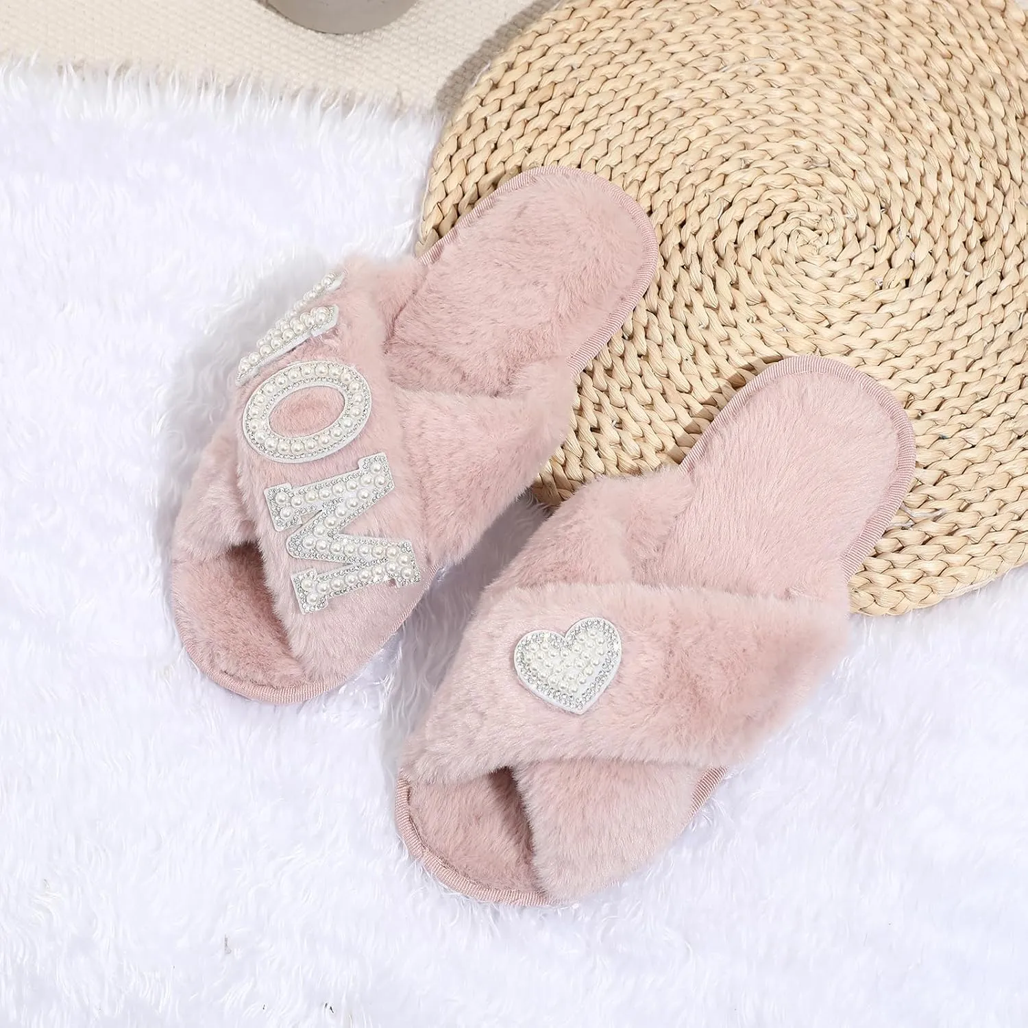 Gifts for Mom from Daughter Son Cozy Fuzzy House Slippers with Heart Pearls for Women Mothers Day Gifts
