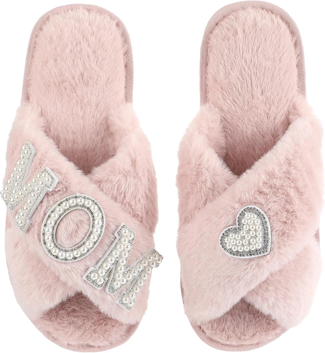 Gifts for Mom from Daughter Son Cozy Fuzzy House Slippers with Heart Pearls for Women Mothers Day Gifts