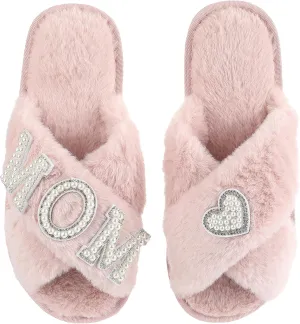 Gifts for Mom from Daughter Son Cozy Fuzzy House Slippers with Heart Pearls for Women Mothers Day Gifts