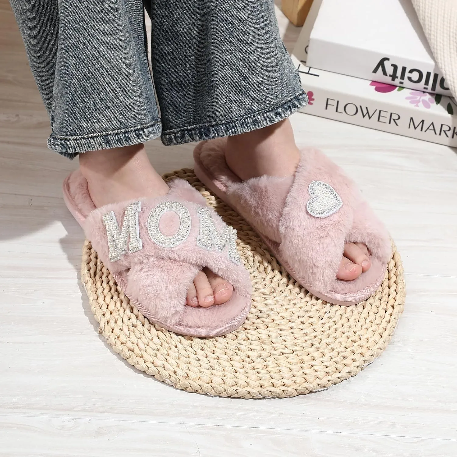 Gifts for Mom from Daughter Son Cozy Fuzzy House Slippers with Heart Pearls for Women Mothers Day Gifts