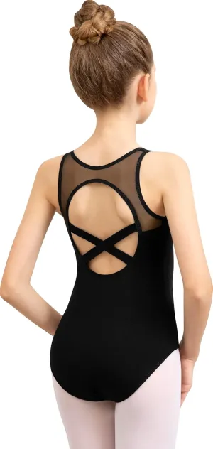 Girls Dance Leotard Camisole Mesh Dancewear,Pinch V-Front,Mesh Straps Splicing,Full Front Lining