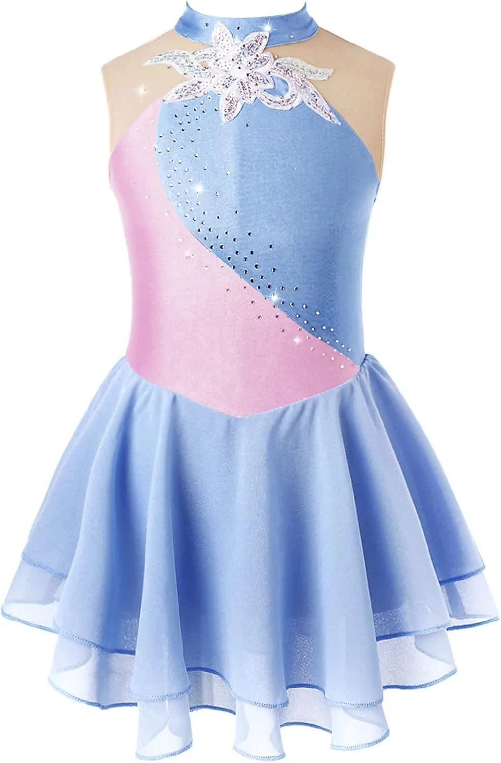 Girls Sequins Ballet Figure Ice Skating Dress Kids Sleeveless Floral Printed Tutu Skirted Leotard Dance Costume Grey Blue 8 Years