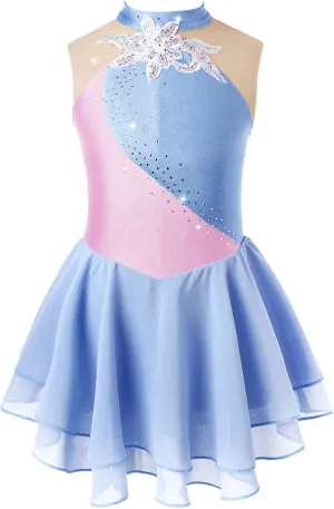 Girls Sequins Ballet Figure Ice Skating Dress Kids Sleeveless Floral Printed Tutu Skirted Leotard Dance Costume Grey Blue 8 Years
