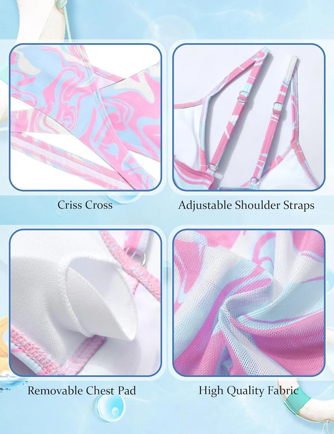 Girls Swimsuits 3 Piece Bathing Suit Allover Printed Criss Cross Bikini Set with Cover Up Skirt Beach Swimwear 7-16 Years
