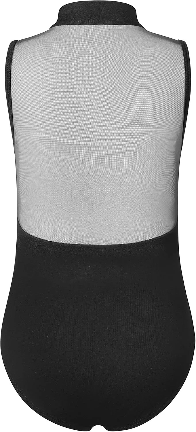 Girls Turtleneck Dance Leotard Ballet Leotard for Girls, Front zipper, Full Mesh Back, Splicing Neckline