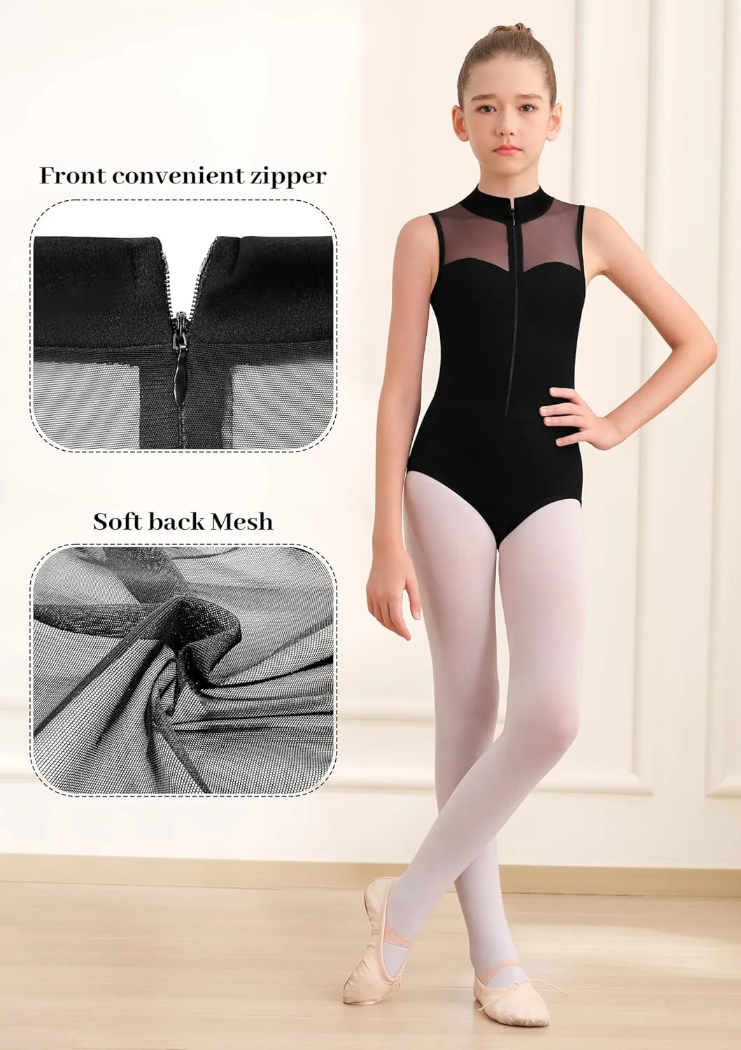 Girls Turtleneck Dance Leotard Ballet Leotard for Girls, Front zipper, Full Mesh Back, Splicing Neckline
