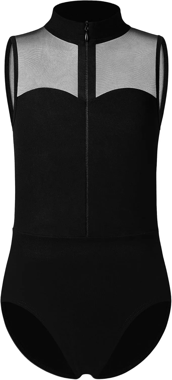 Girls Turtleneck Dance Leotard Ballet Leotard for Girls, Front zipper, Full Mesh Back, Splicing Neckline
