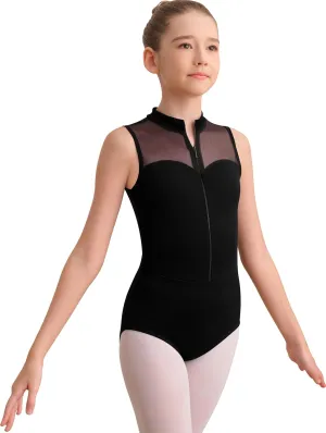 Girls Turtleneck Dance Leotard Ballet Leotard for Girls, Front zipper, Full Mesh Back, Splicing Neckline
