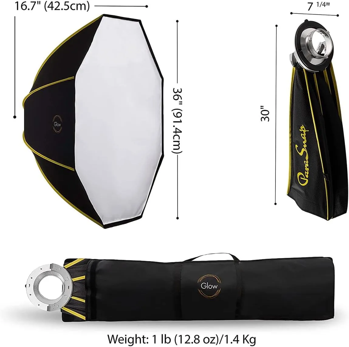 Glow ParaSnap 36" Octa SterlingFibre Bowens Mount Softbox with 144mm Profoto Mount Speedring, This Parabolic Softbox with Quick Speedring Swap is an Ideal Speedlight Round Soft Box