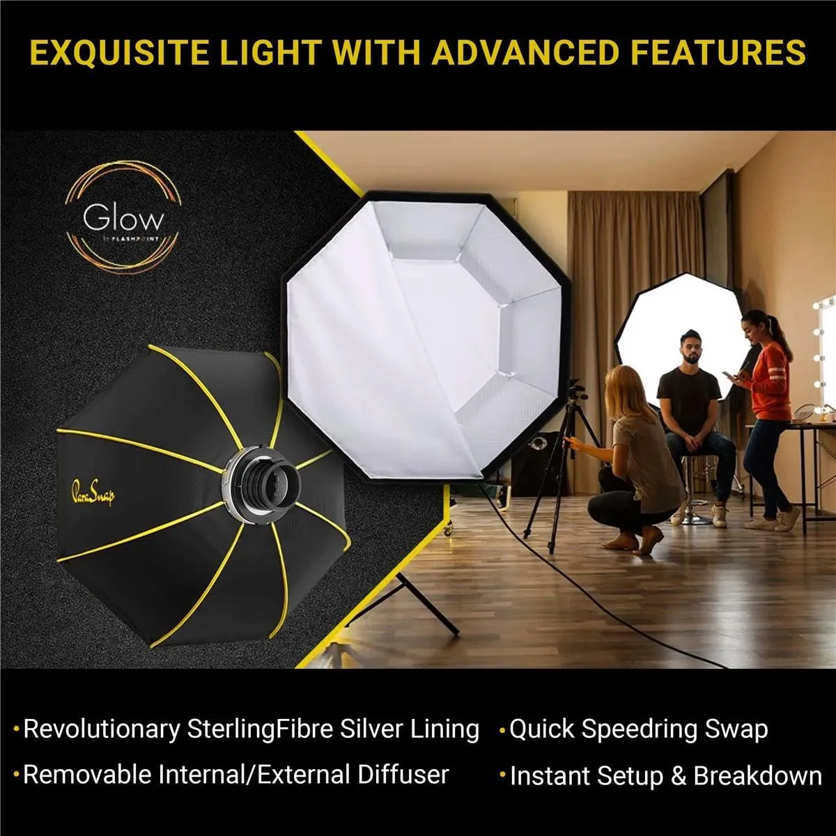 Glow ParaSnap 36" Octa SterlingFibre Bowens Mount Softbox with 144mm Profoto Mount Speedring, This Parabolic Softbox with Quick Speedring Swap is an Ideal Speedlight Round Soft Box