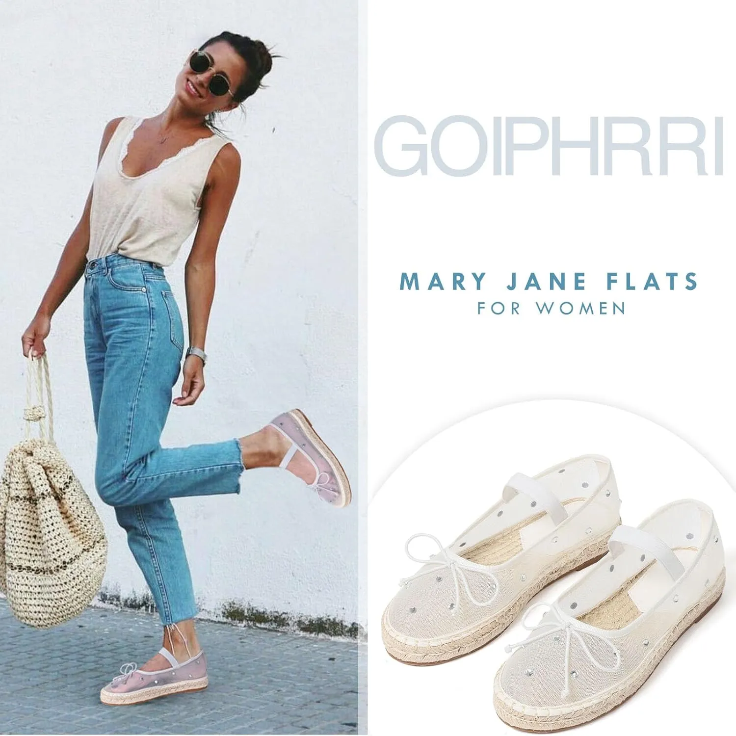 Goiphrri Mesh Mary Jane Flats for Women Platform Espadrilles Bow Knot Mary Janes Straw Mesh Ballet Flats for Women Flatform Dress Pumps