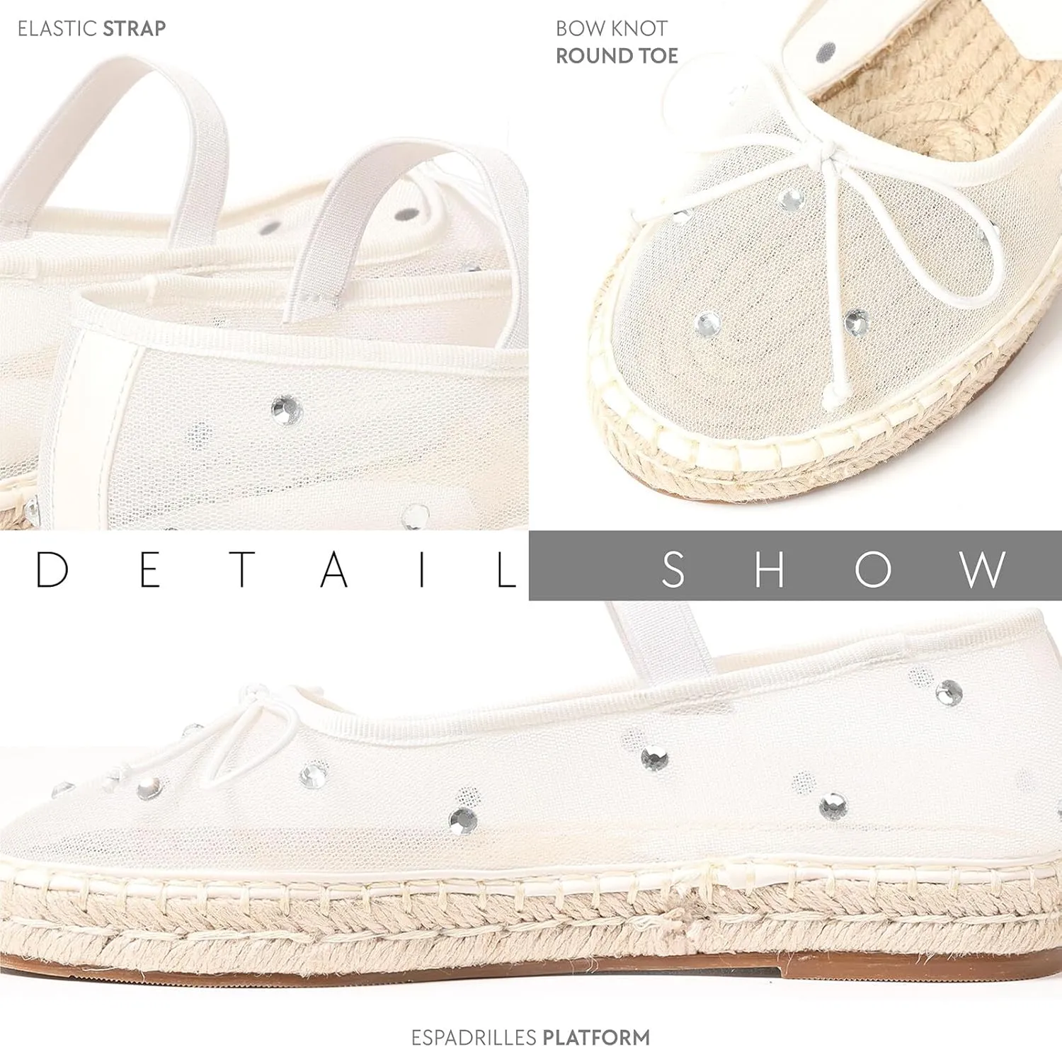 Goiphrri Mesh Mary Jane Flats for Women Platform Espadrilles Bow Knot Mary Janes Straw Mesh Ballet Flats for Women Flatform Dress Pumps