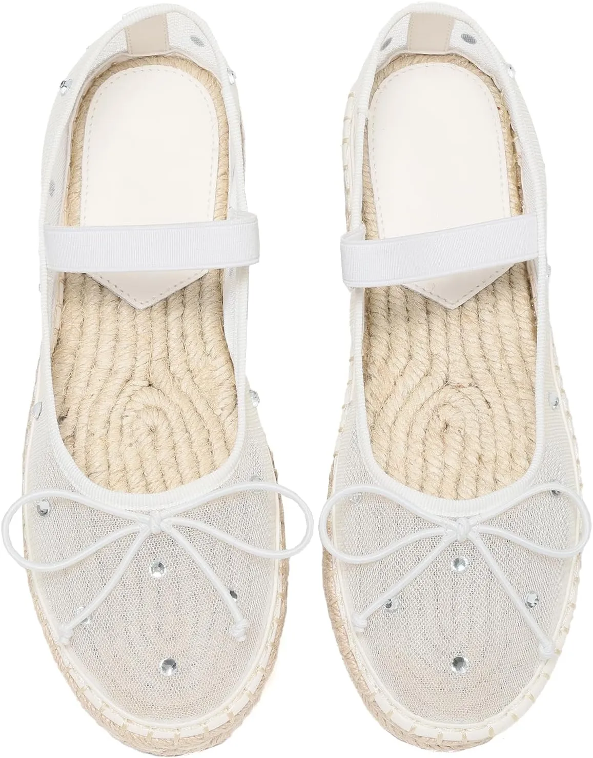 Goiphrri Mesh Mary Jane Flats for Women Platform Espadrilles Bow Knot Mary Janes Straw Mesh Ballet Flats for Women Flatform Dress Pumps