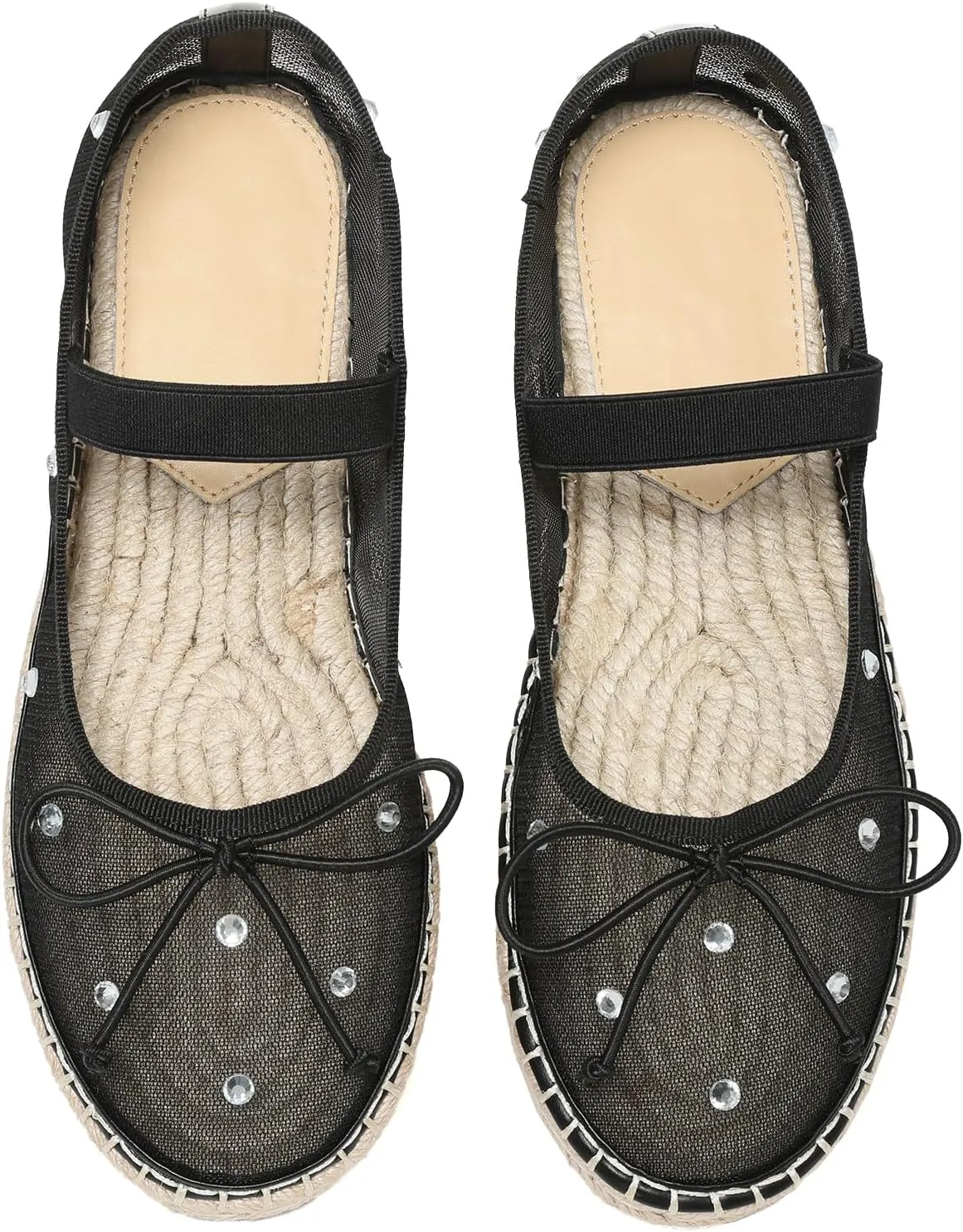 Goiphrri Mesh Mary Jane Flats for Women Platform Espadrilles Bow Knot Mary Janes Straw Mesh Ballet Flats for Women Flatform Dress Pumps