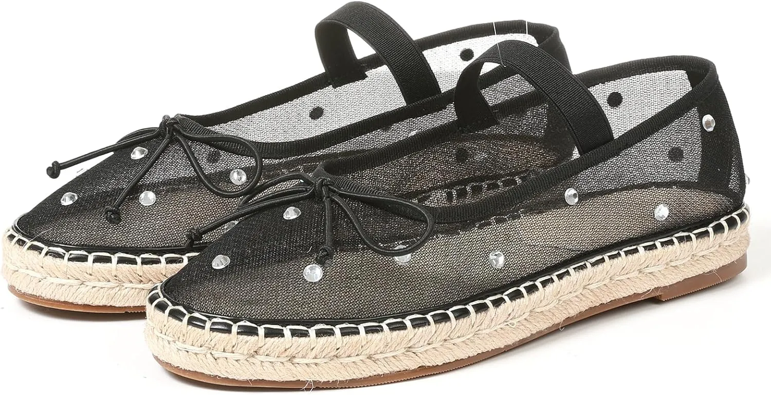 Goiphrri Mesh Mary Jane Flats for Women Platform Espadrilles Bow Knot Mary Janes Straw Mesh Ballet Flats for Women Flatform Dress Pumps