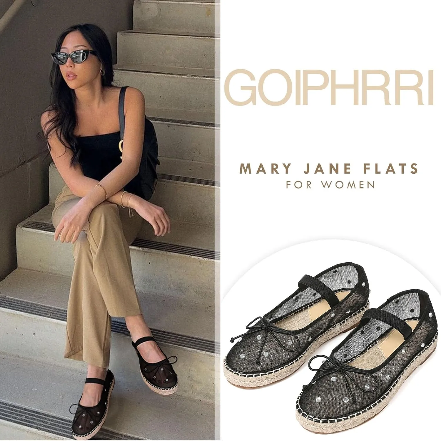 Goiphrri Mesh Mary Jane Flats for Women Platform Espadrilles Bow Knot Mary Janes Straw Mesh Ballet Flats for Women Flatform Dress Pumps