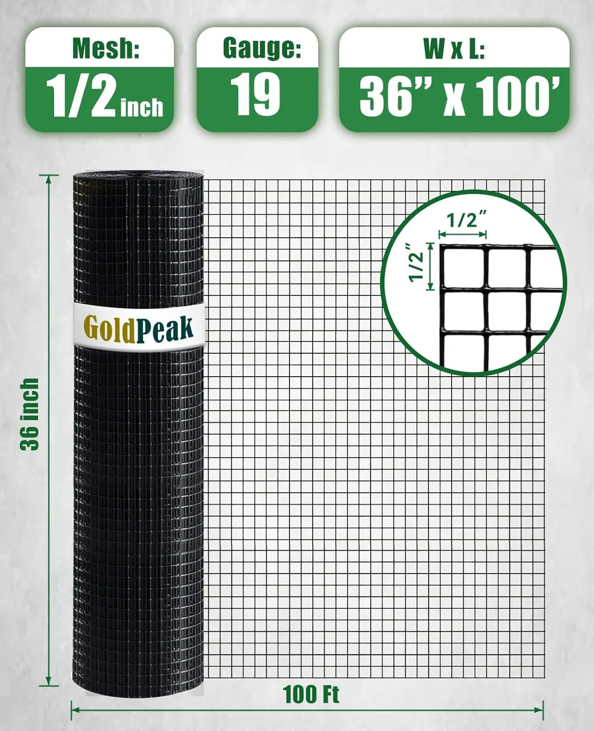 GoldPeak Black Hardware Cloth 1/2 inch 36'' x 100' 19 Gauge - Vinyl Coated Chicken Wire Fencing Wire Mesh Roll Garden Fence Rodent Mesh Rabbit Wire Tree Fence