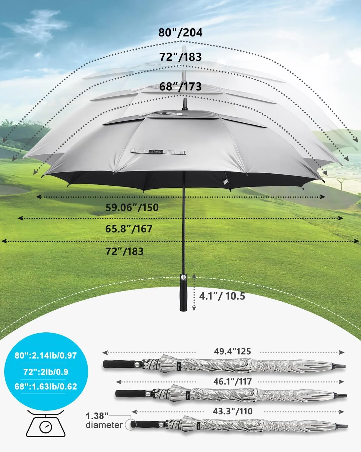 Gonex 54/62/68/72/80 Inch Extra Large Golf Umbrella, Automatic Open Travel Rain Umbrella with Windproof Water Resistant Double Canopy, Oversize Vented Umbrellas for 2-3 Men and UV Protection, Multiple Colors