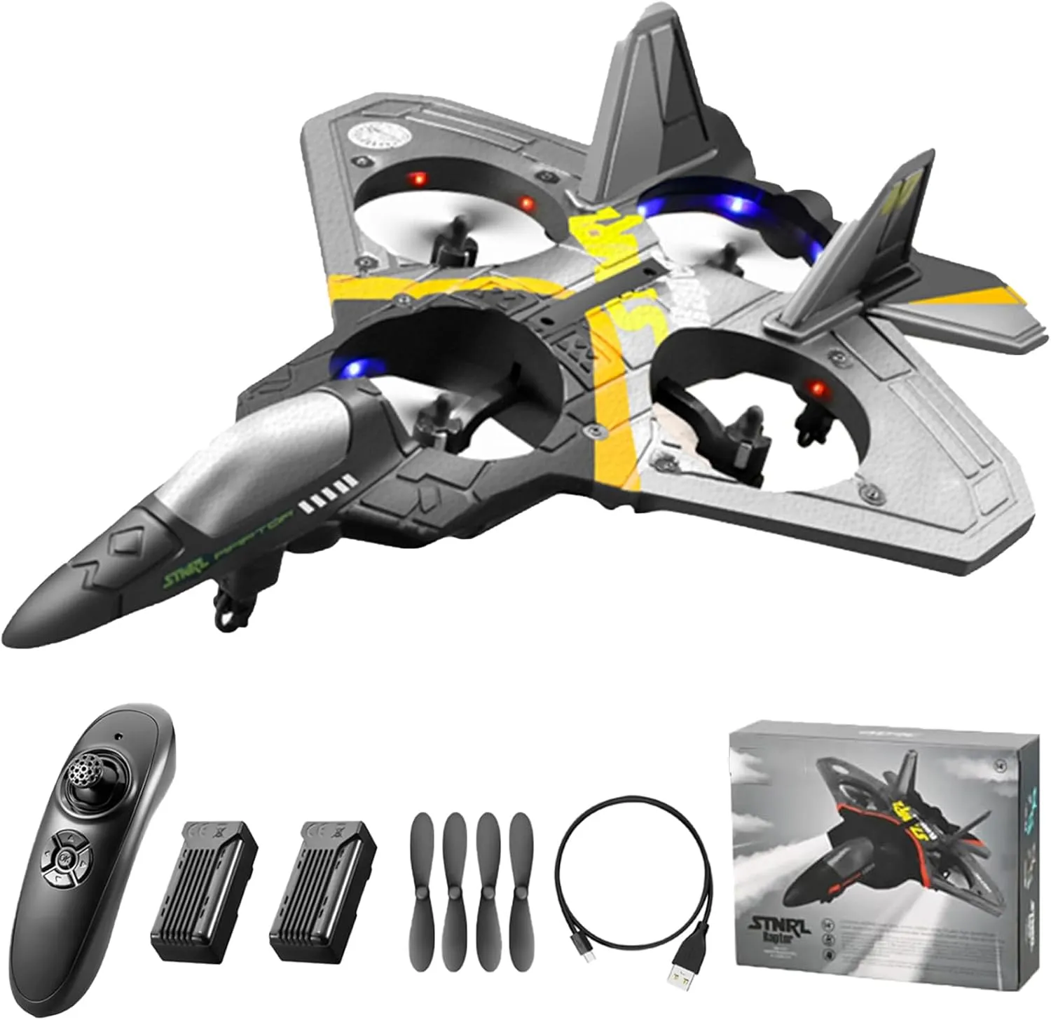 GoolRC V17 Remote Control Plane, 2.4Ghz Foam RC Airplanes Jet Fighter Stunt RC Airplane with Spinning Drone,Gravity Sensing,Stunt Roll,Cool Light,2 Battery for Kids Boys