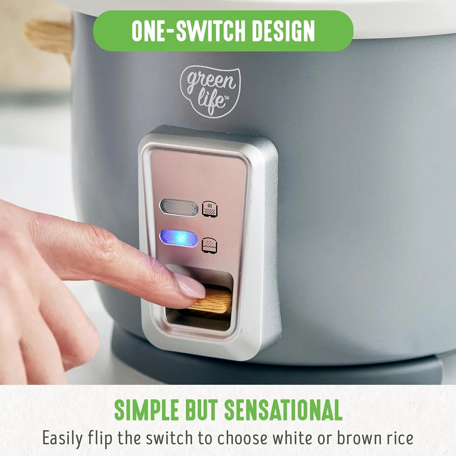 GreenLife 1.5 QT Electric Rice Cooker, Compact Small Size, 3-Cups Uncooked/6-Cups Cooked, PFAS-Free Removable Nonstick Pot Steamer, One-Touch Control, Wood Print Handle, Measuring Cup, 300W, Grey