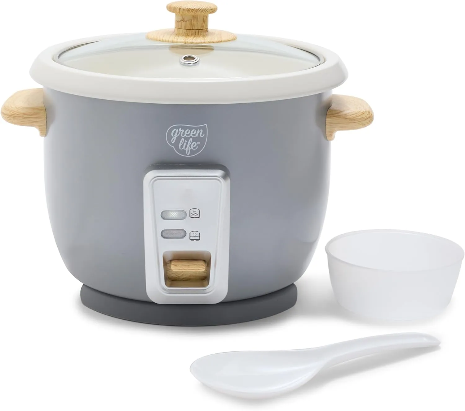 GreenLife 1.5 QT Electric Rice Cooker, Compact Small Size, 3-Cups Uncooked/6-Cups Cooked, PFAS-Free Removable Nonstick Pot Steamer, One-Touch Control, Wood Print Handle, Measuring Cup, 300W, Grey