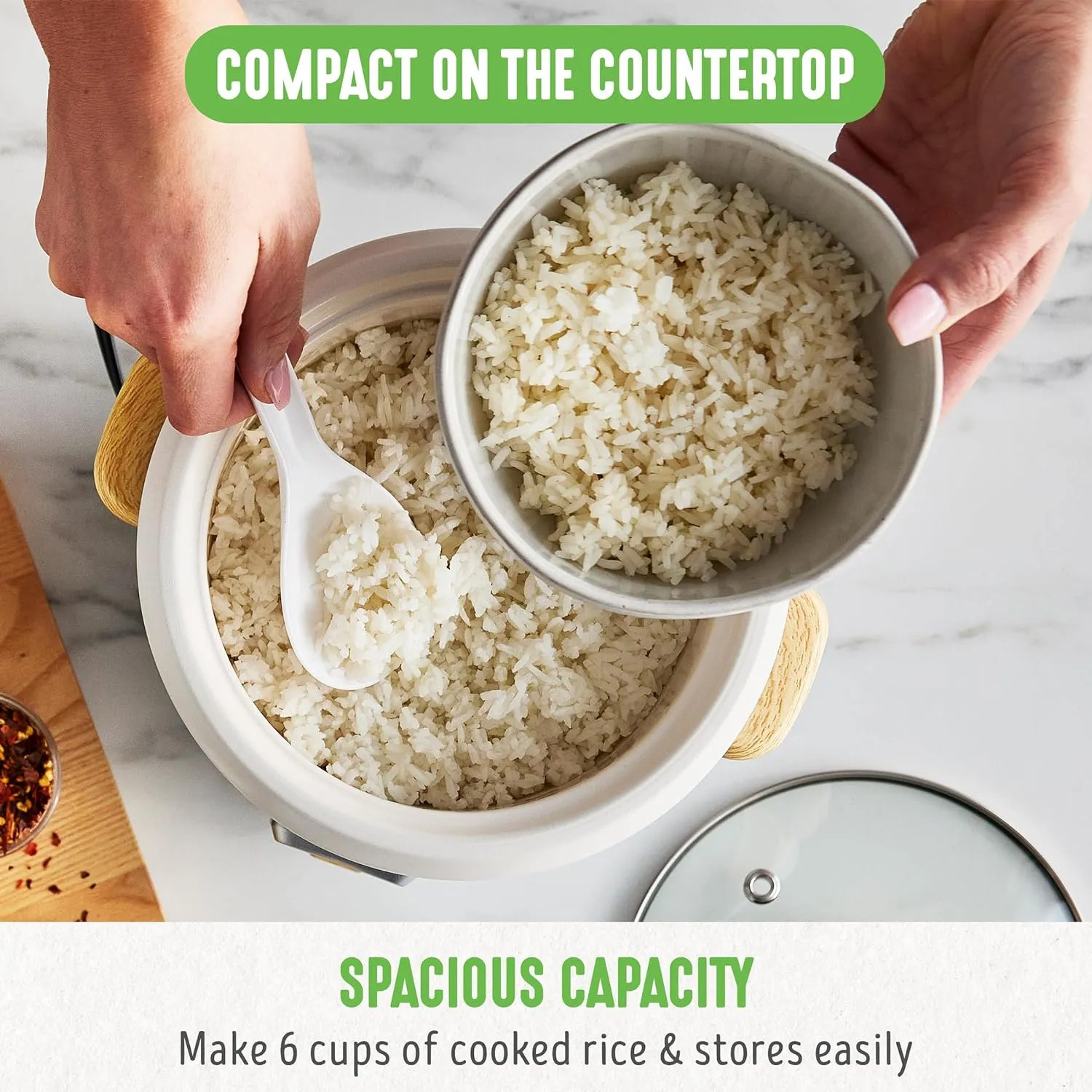 GreenLife 1.5 QT Electric Rice Cooker, Compact Small Size, 3-Cups Uncooked/6-Cups Cooked, PFAS-Free Removable Nonstick Pot Steamer, One-Touch Control, Wood Print Handle, Measuring Cup, 300W, Grey