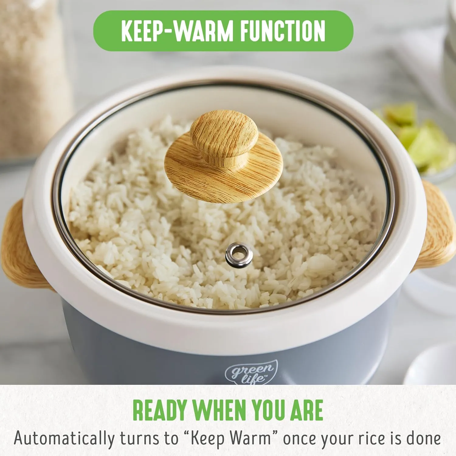 GreenLife 1.5 QT Electric Rice Cooker, Compact Small Size, 3-Cups Uncooked/6-Cups Cooked, PFAS-Free Removable Nonstick Pot Steamer, One-Touch Control, Wood Print Handle, Measuring Cup, 300W, Grey