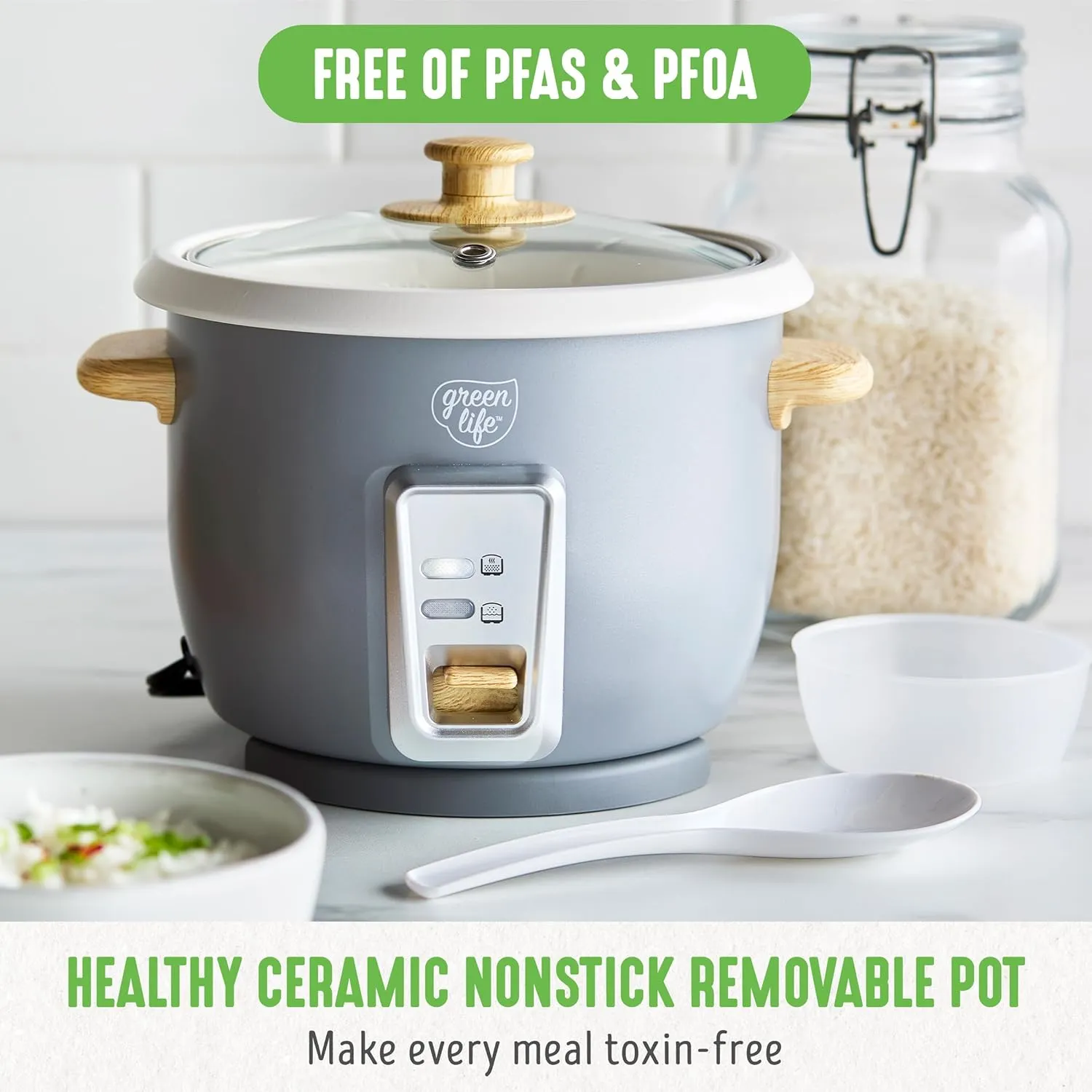 GreenLife 1.5 QT Electric Rice Cooker, Compact Small Size, 3-Cups Uncooked/6-Cups Cooked, PFAS-Free Removable Nonstick Pot Steamer, One-Touch Control, Wood Print Handle, Measuring Cup, 300W, Grey