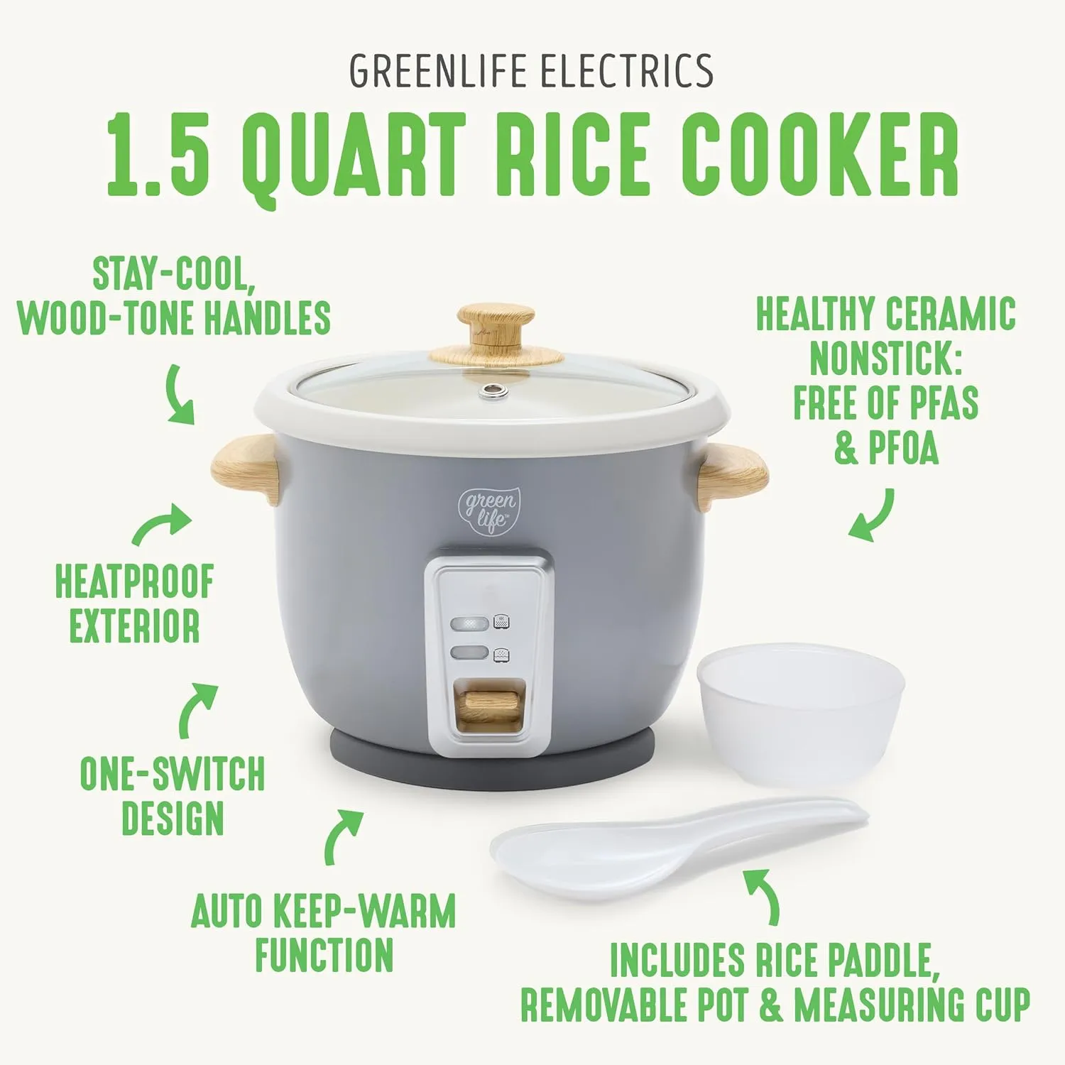 GreenLife 1.5 QT Electric Rice Cooker, Compact Small Size, 3-Cups Uncooked/6-Cups Cooked, PFAS-Free Removable Nonstick Pot Steamer, One-Touch Control, Wood Print Handle, Measuring Cup, 300W, Grey