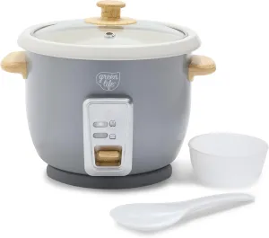 GreenLife 1.5 QT Electric Rice Cooker, Compact Small Size, 3-Cups Uncooked/6-Cups Cooked, PFAS-Free Removable Nonstick Pot Steamer, One-Touch Control, Wood Print Handle, Measuring Cup, 300W, Grey