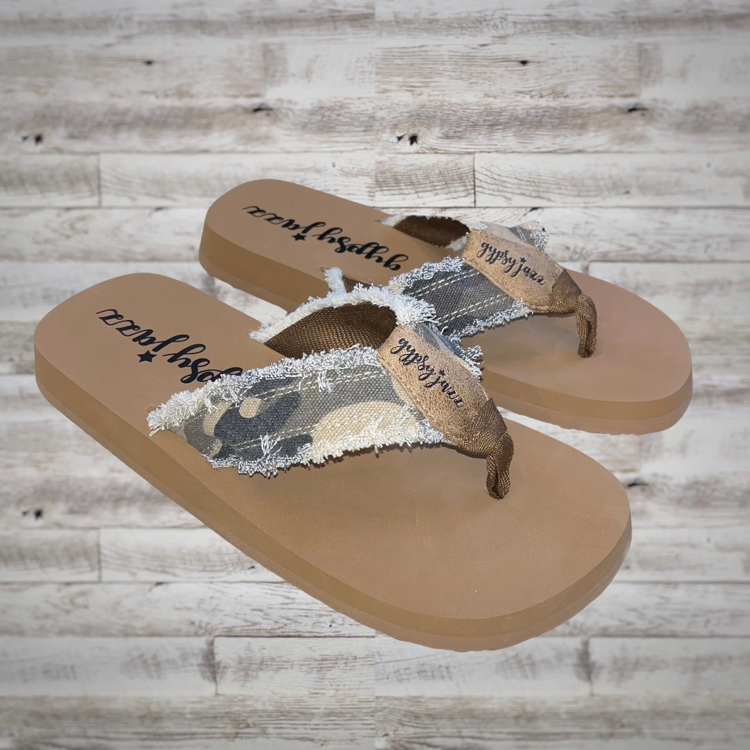 Gypsy Jazz Fringe Flatform Flip Flop Sandals in Camo