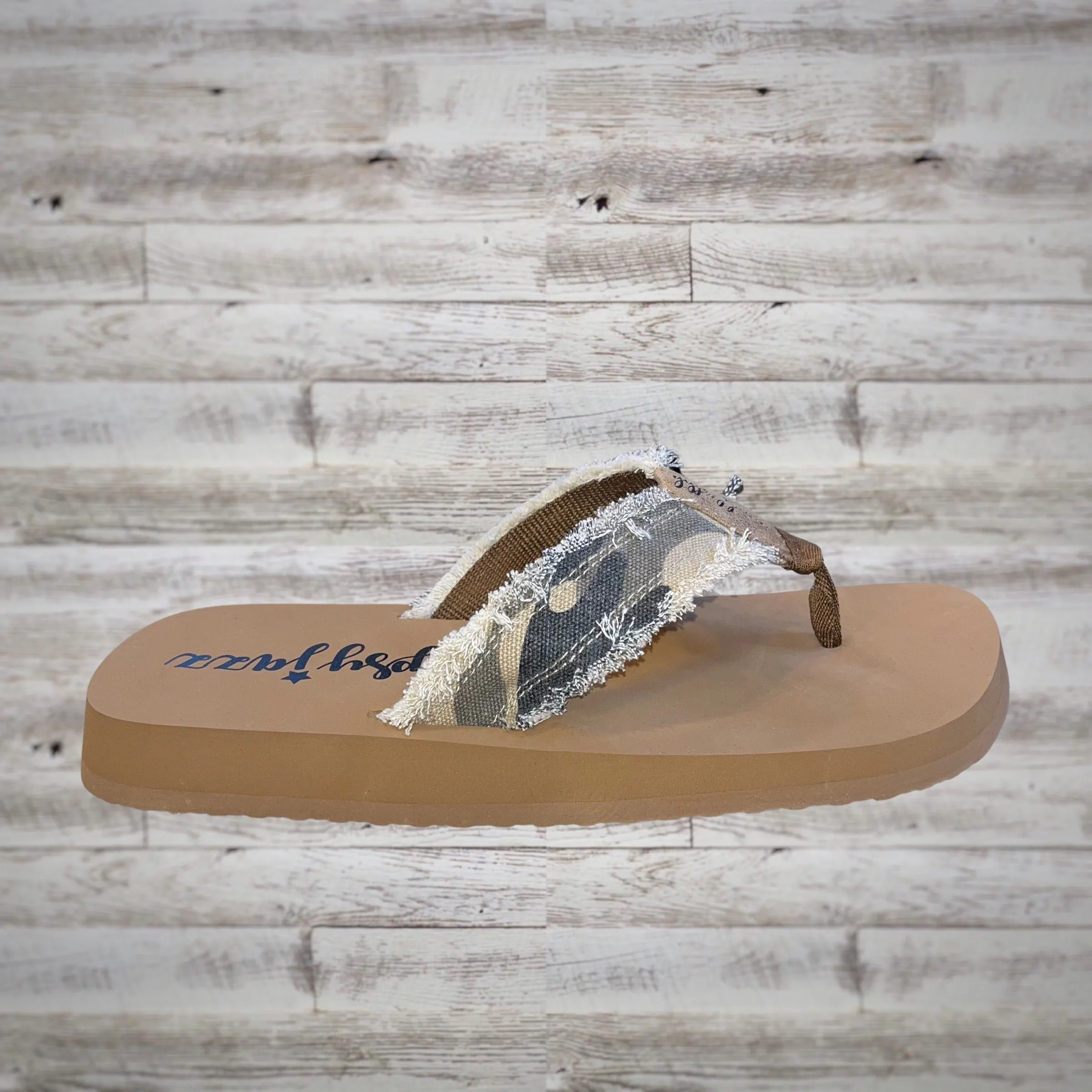 Gypsy Jazz Fringe Flatform Flip Flop Sandals in Camo