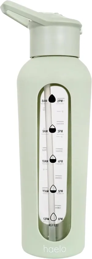 haelo 24oz Glass Motivational Water Bottle with Flip Lid Straw, Silicone Protective Sleeve, Handle, Reusable BPA Free (Sage Green)