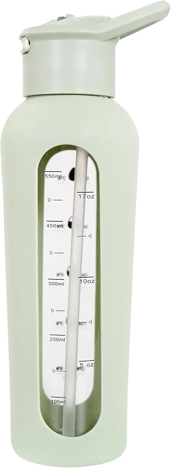 haelo 24oz Glass Motivational Water Bottle with Flip Lid Straw, Silicone Protective Sleeve, Handle, Reusable BPA Free (Sage Green)