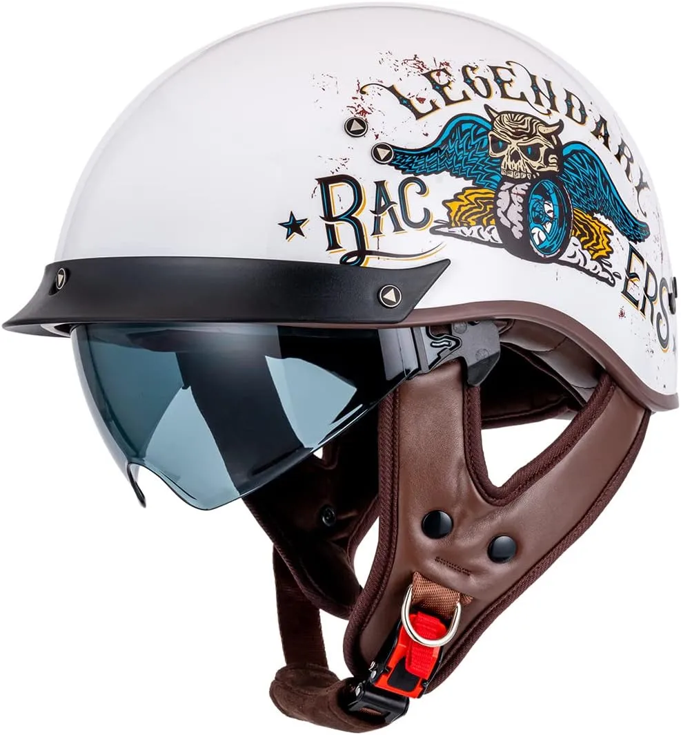 Half Helmet Motorcycle Men Women Adults Dot Approved Vintage Half Face Helmet with Additional Clear Visor and Ear Pads MH107